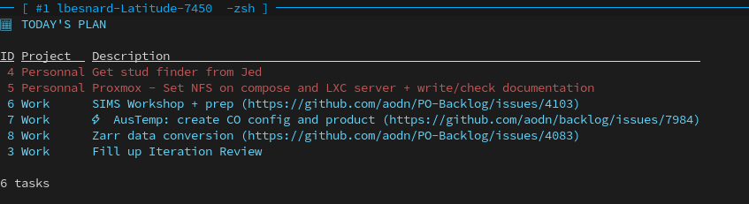 Example of tasks list when opening a new terminal